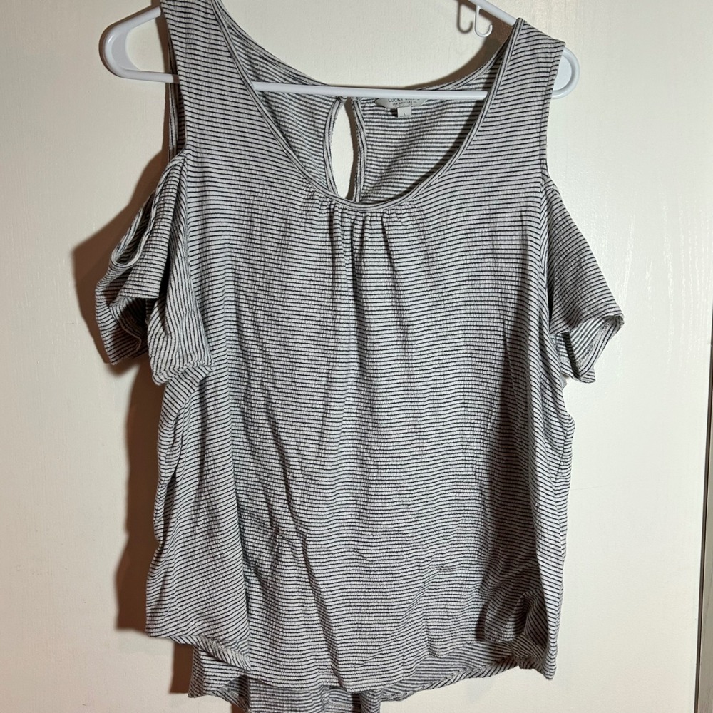 Lucky Brand Striped Cold Shoulder Top‎ Womens Size L Gray White Casual